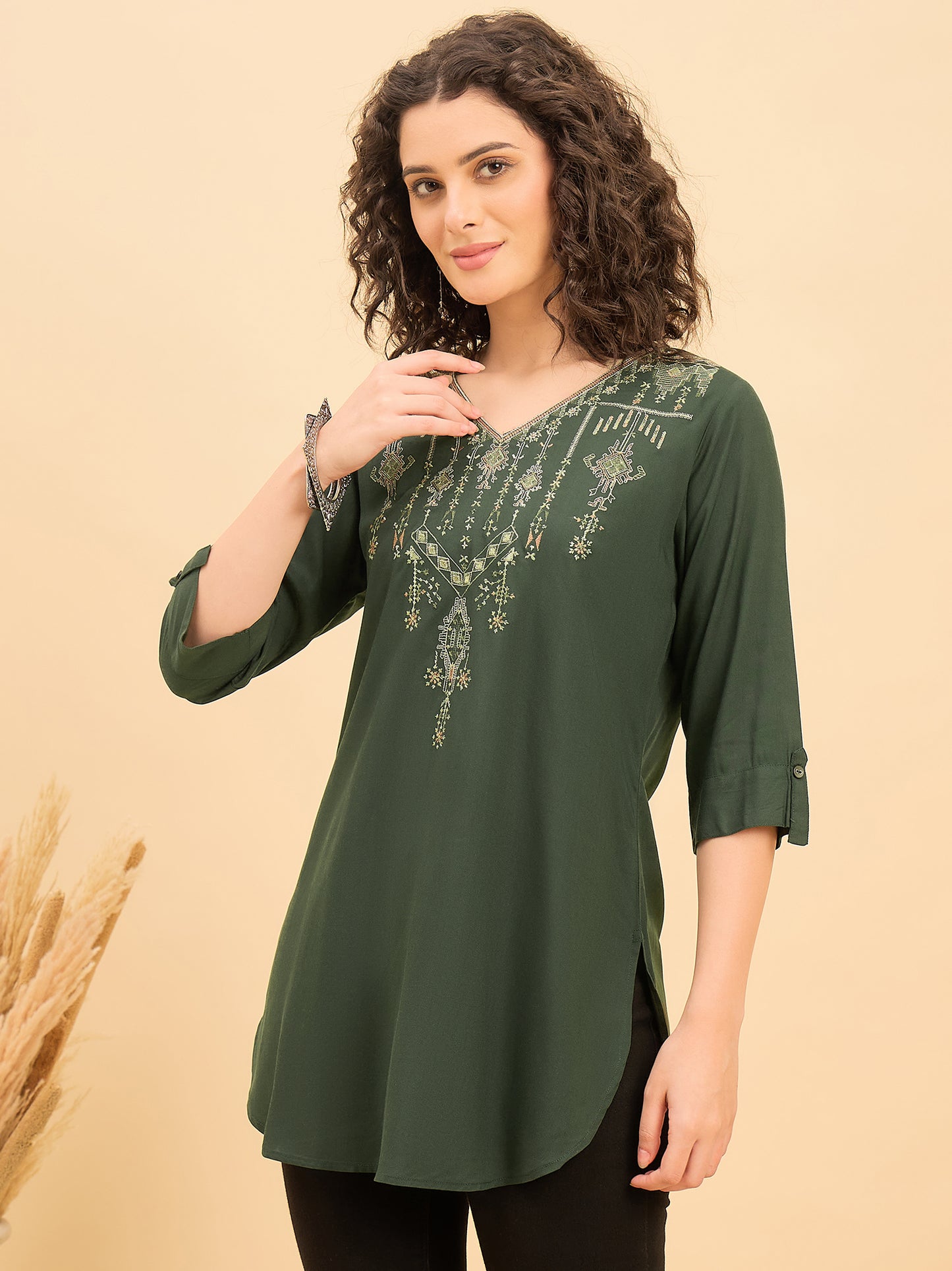TC 1515 Heritage Loom Embroidery Modal Tunic Top  Bottle Green