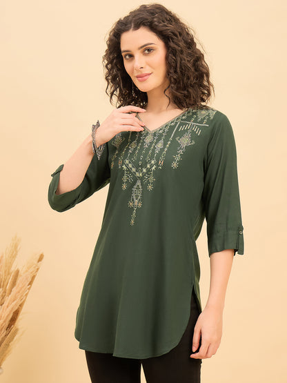 TC 1515 Heritage Loom Embroidery Modal Tunic Top  Bottle Green