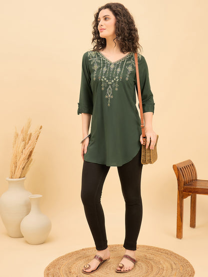 TC 1515 Heritage Loom Embroidery Modal Tunic Top  Bottle Green