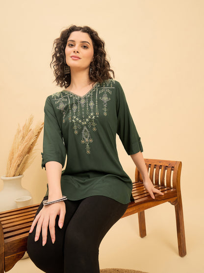 TC 1515 Heritage Loom Embroidery Modal Tunic Top  Bottle Green