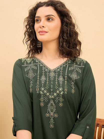 TC 1515 Heritage Loom Embroidery Modal Tunic Top  Bottle Green