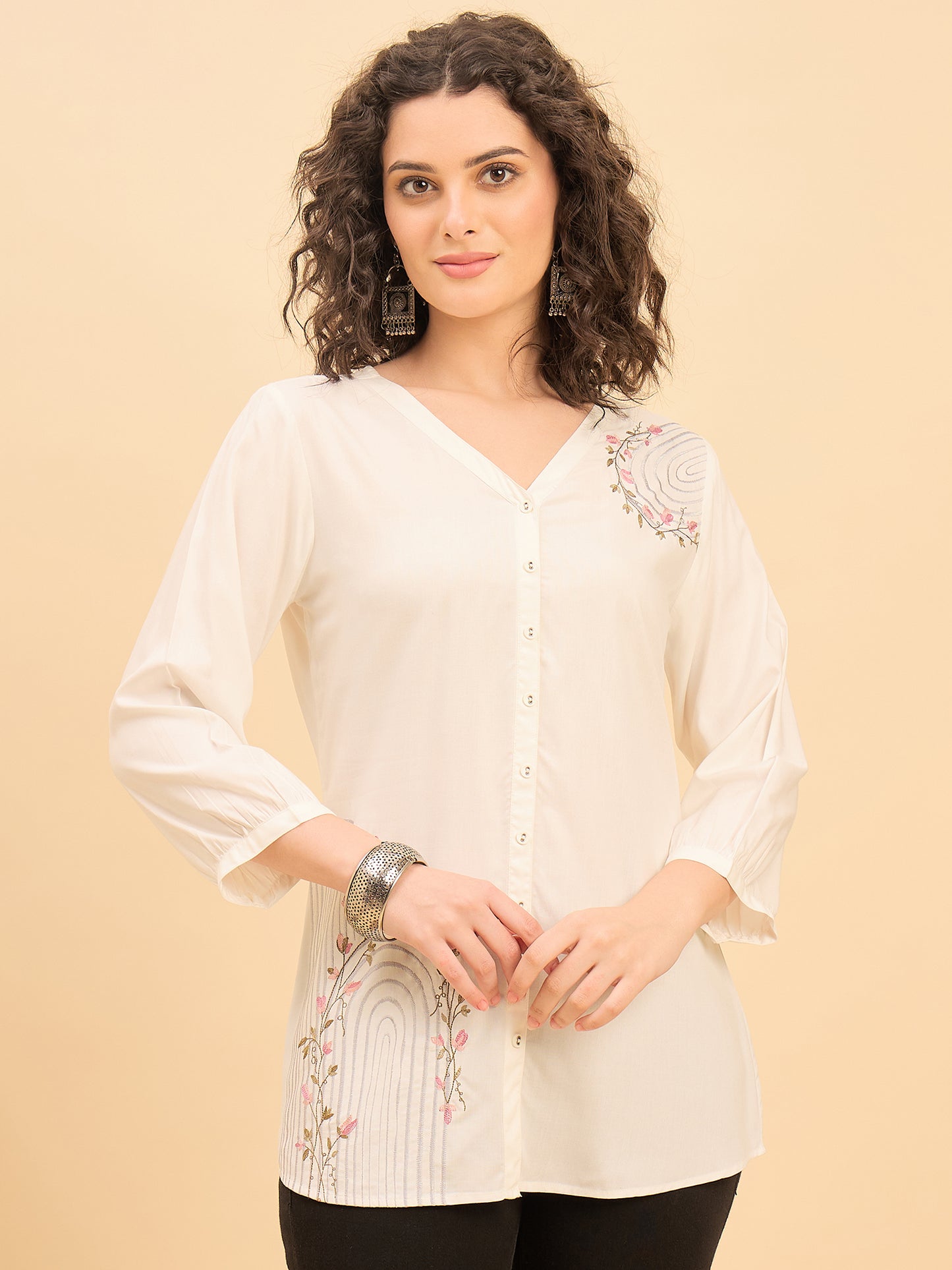 TP 1567 Arched Bloom Embroidered Modal Top  PEARL WHITE