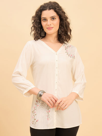 TP 1567 Arched Bloom Embroidered Modal Top  PEARL WHITE