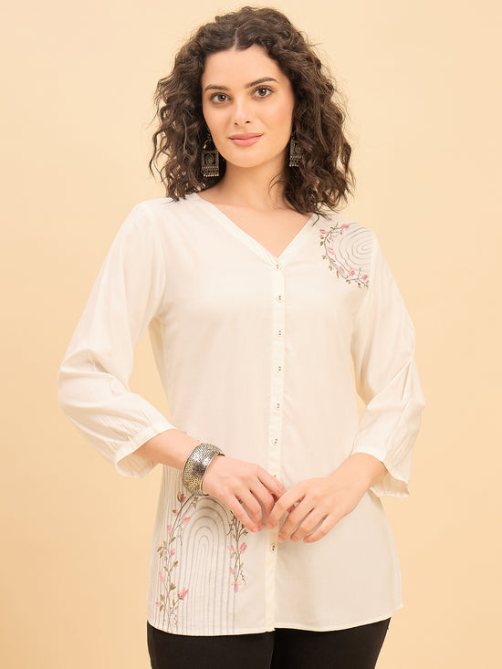 TP 1567 Arched Bloom Embroidered Modal Top  PEARL WHITE