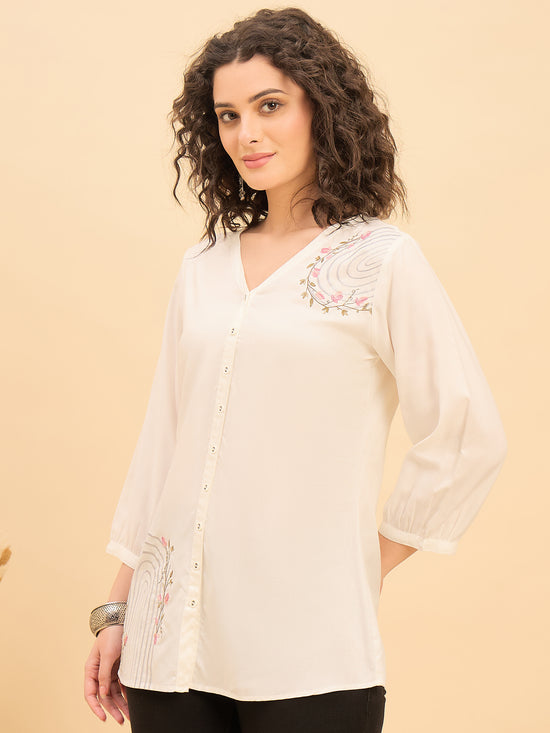 TP 1567 Arched Bloom Embroidered Modal Top  PEARL WHITE