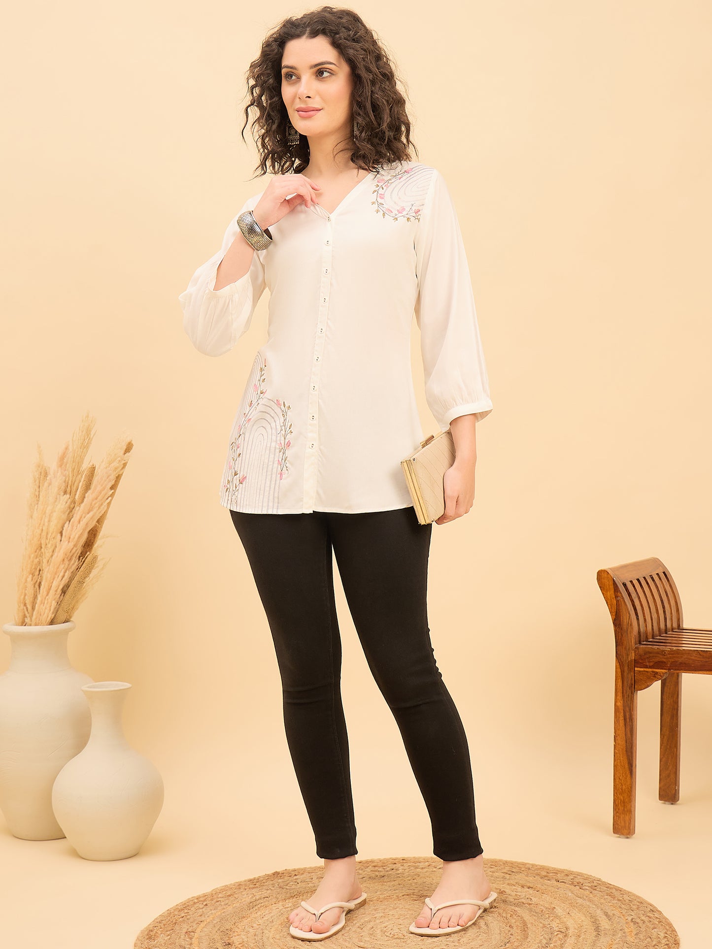 TP 1567 Arched Bloom Embroidered Modal Top  PEARL WHITE