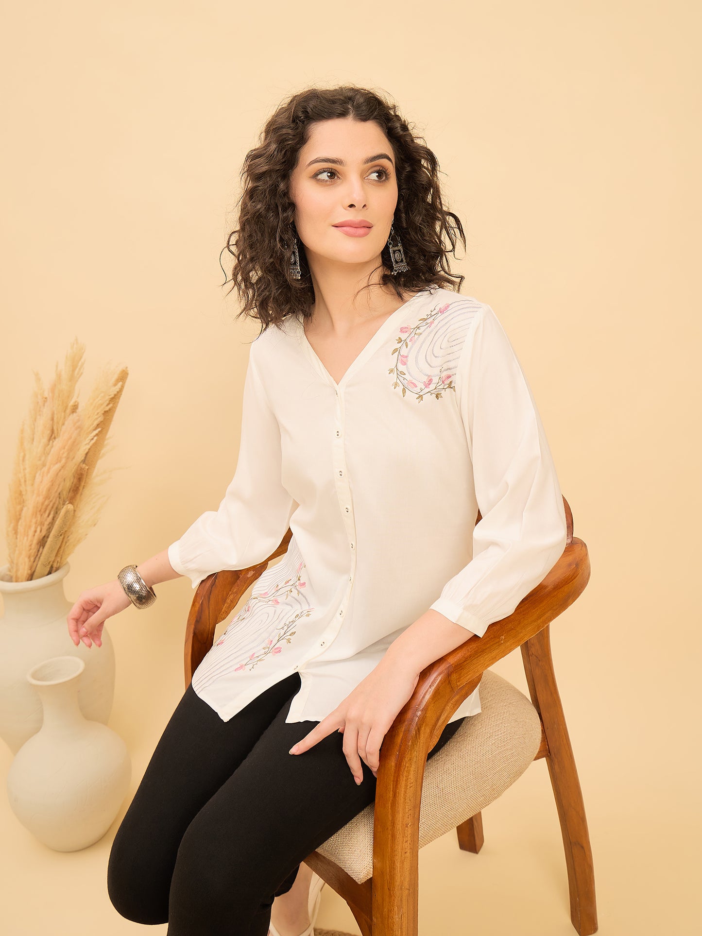 TP 1567 Arched Bloom Embroidered Modal Top  PEARL WHITE