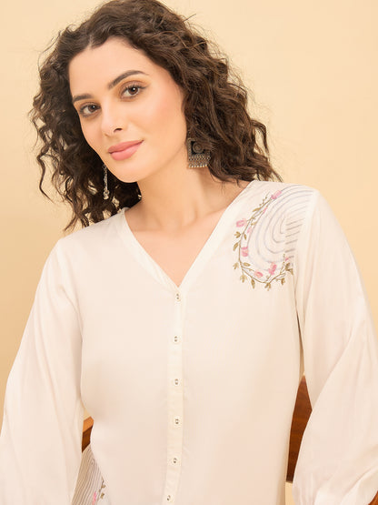 TP 1567 Arched Bloom Embroidered Modal Top  PEARL WHITE