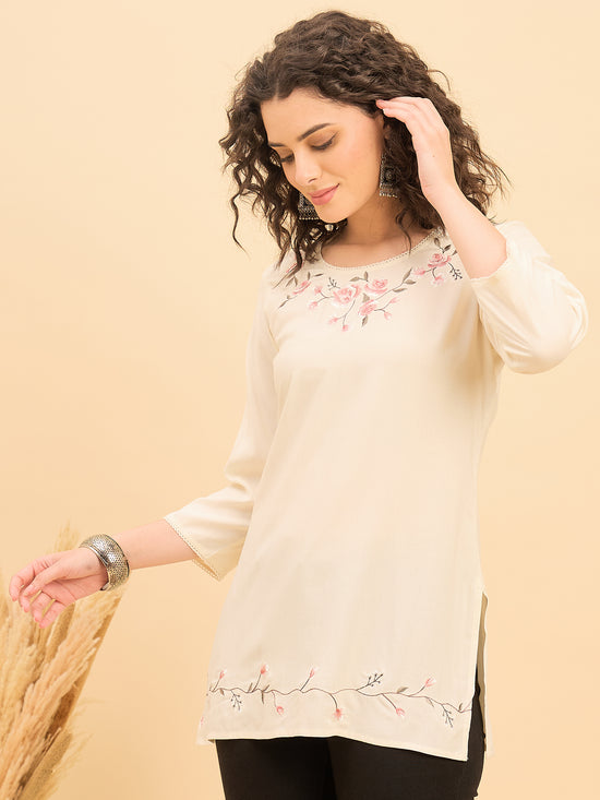 TP 1506 Bloom Stitch Embroidered Modal Top  Soft Ecru