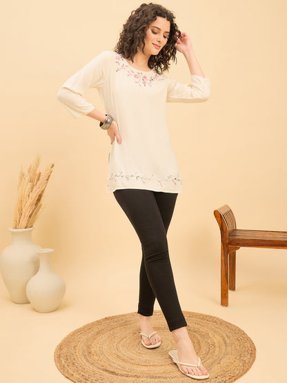 TP 1506 Bloom Stitch Embroidered Modal Top  Soft Ecru