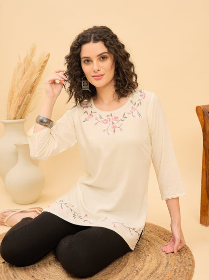 TP 1506 Bloom Stitch Embroidered Modal Top  Soft Ecru
