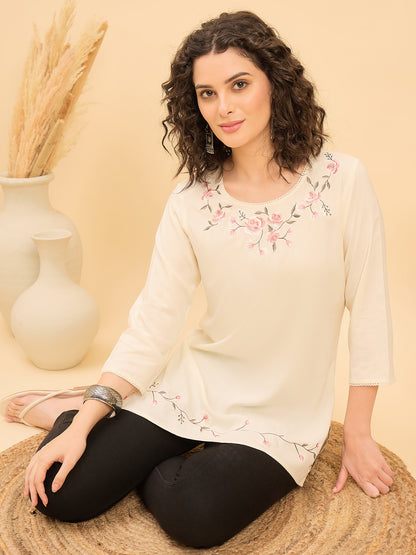 TP 1506 Bloom Stitch Embroidered Modal Top  Soft Ecru