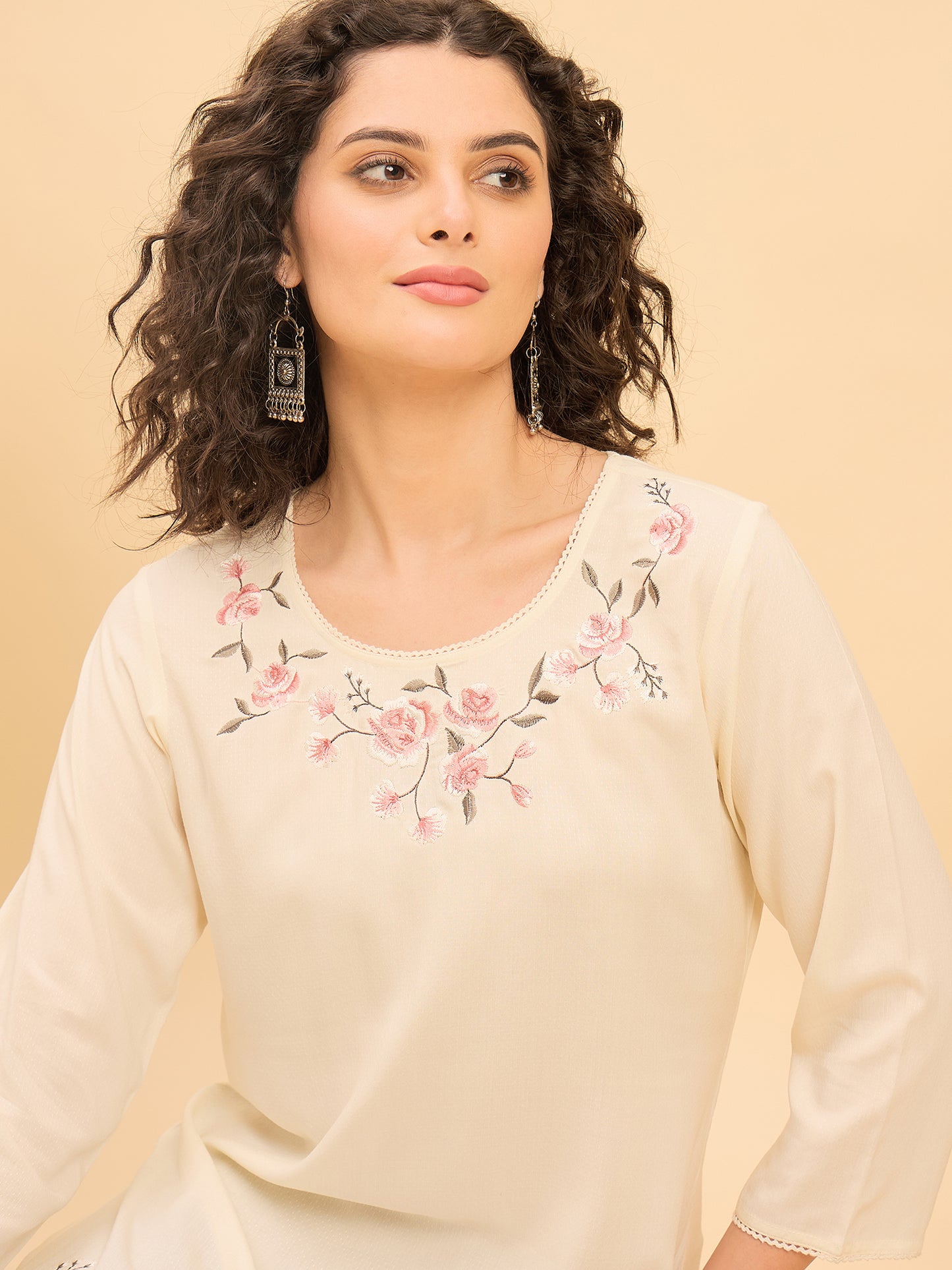 TP 1506 Bloom Stitch Embroidered Modal Top  Soft Ecru