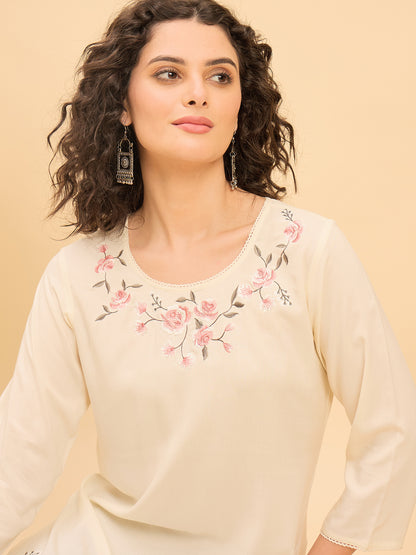 TP 1506 Bloom Stitch Embroidered Modal Top  Soft Ecru