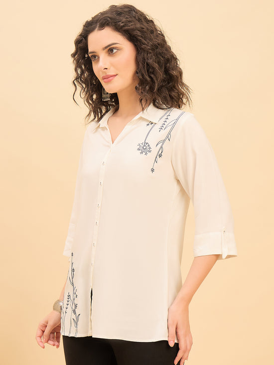 ST 1512 Botanical Thread Embroidery Modal Shirt  Pearl White