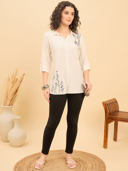 ST 1512 Botanical Thread Embroidery Modal Shirt  Pearl White