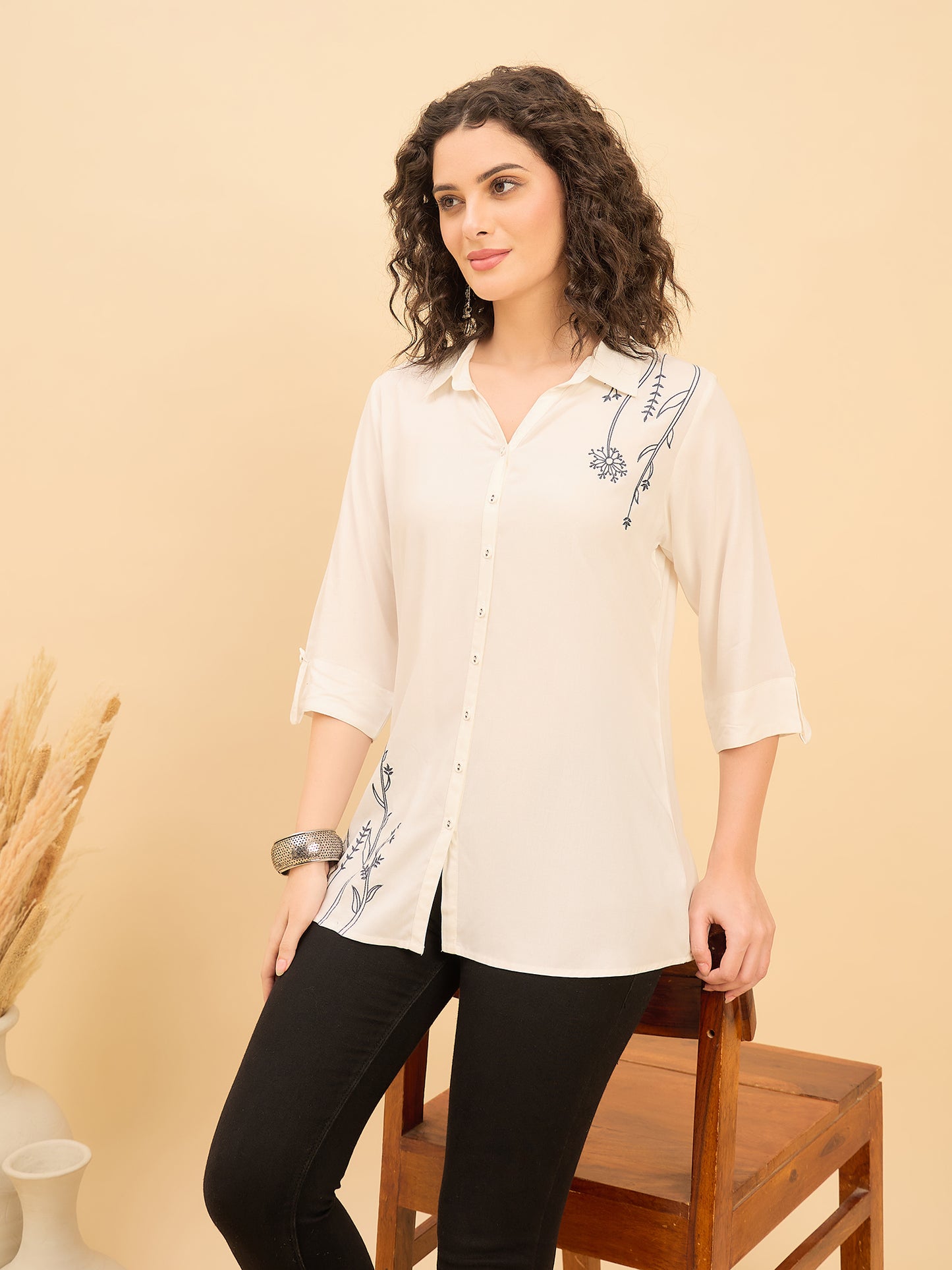 ST 1512 Botanical Thread Embroidery Modal Shirt  Pearl White