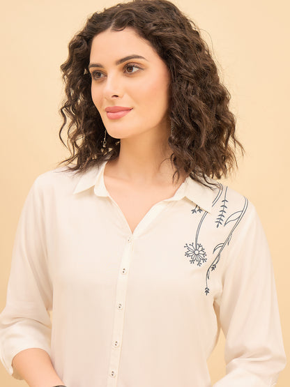 ST 1512 Botanical Thread Embroidery Modal Shirt  Pearl White