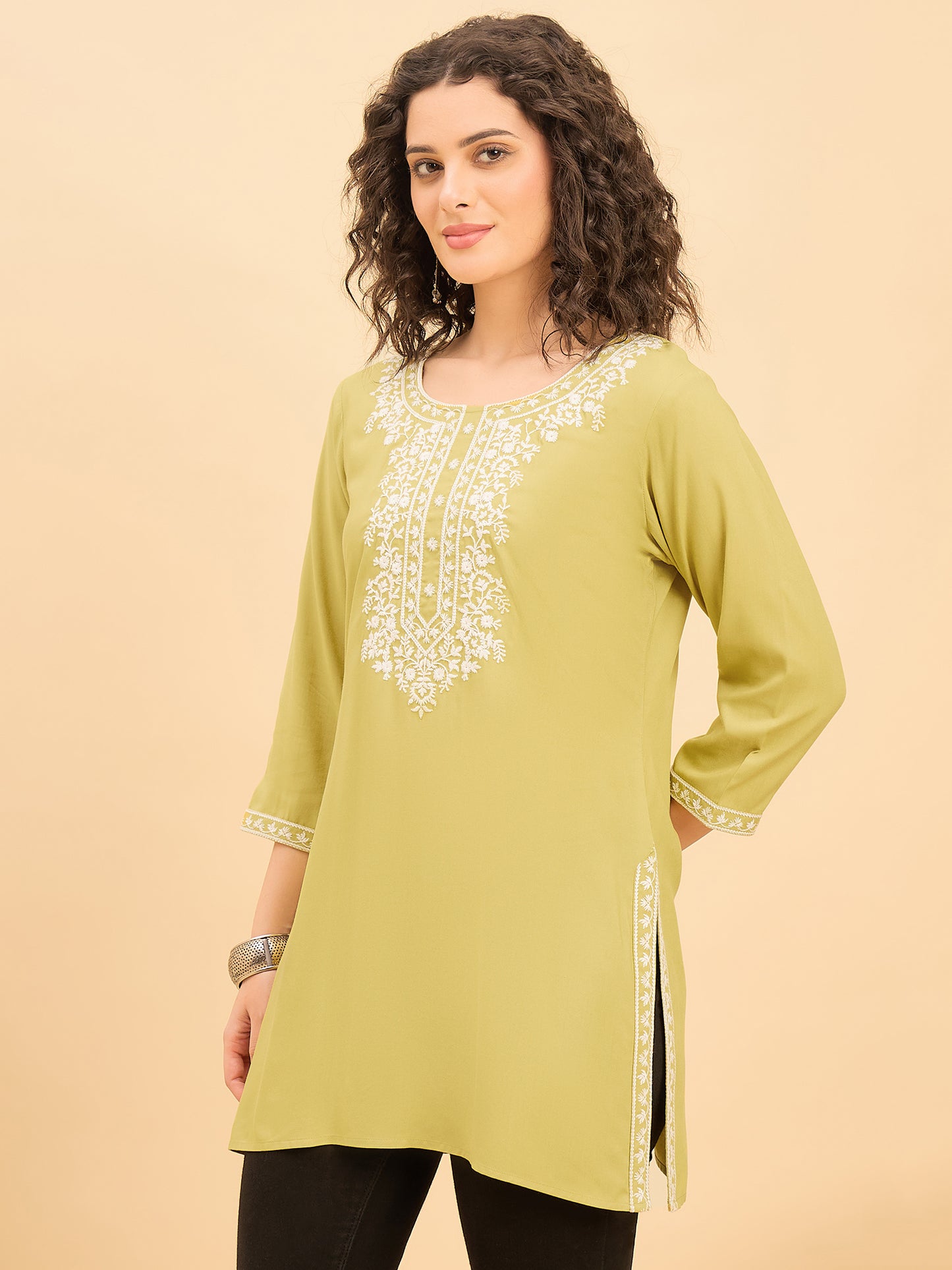 TC 1531 Modal Tunic Top with Handlook Blossom Embroidery  Pista Green