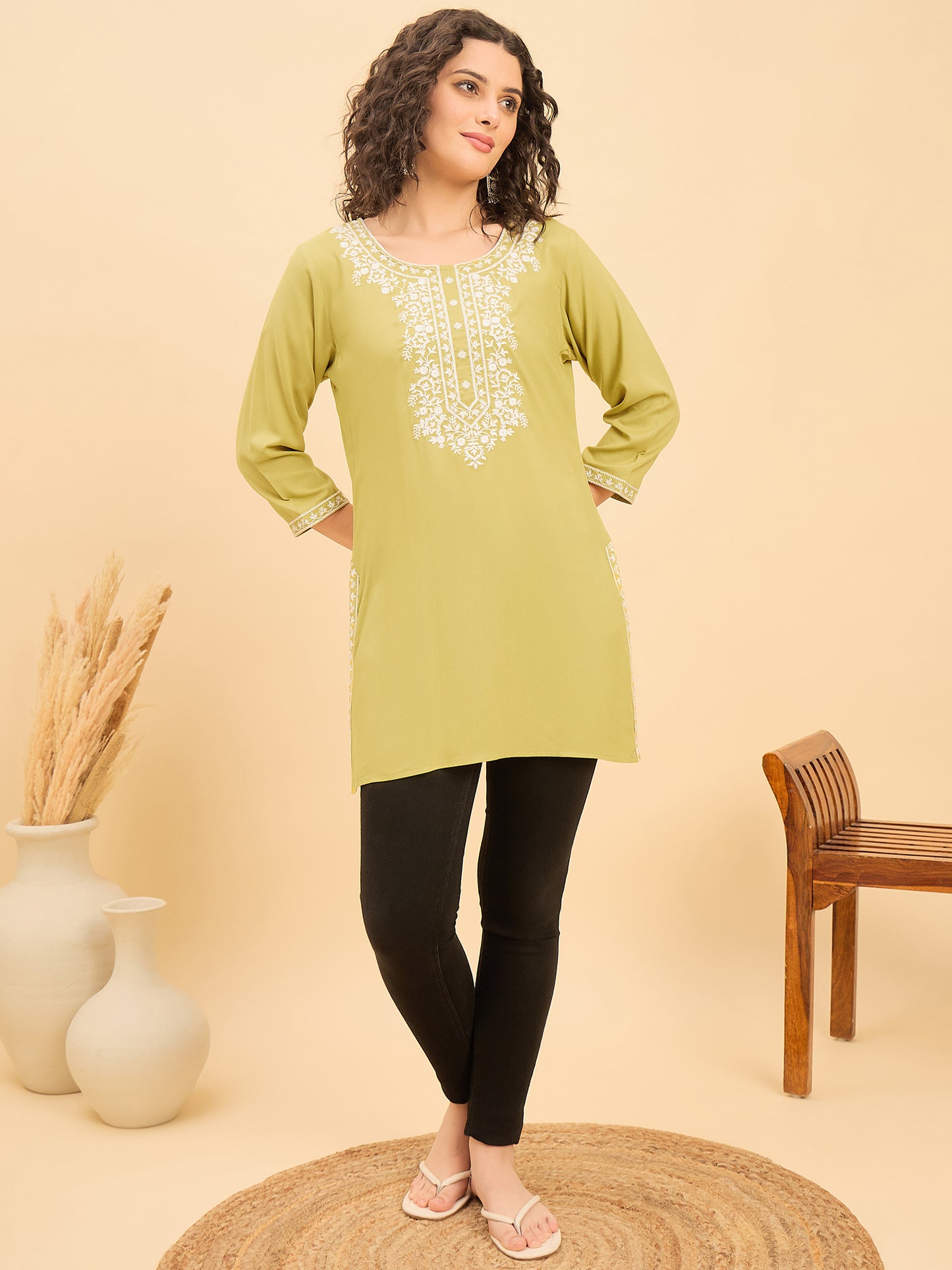 TC 1531 Modal Tunic Top with Handlook Blossom Embroidery  Pista Green