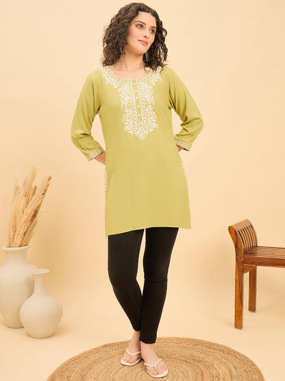 TC 1531 Modal Tunic Top with Handlook Blossom Embroidery  Pista Green