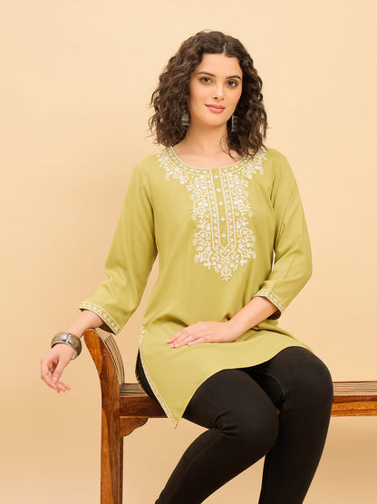 TC 1531 Modal Tunic Top with Handlook Blossom Embroidery  Pista Green