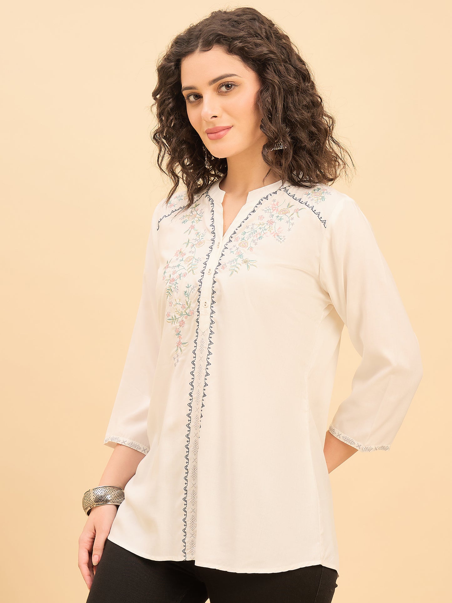 TP 1539 Floral Thread Embroidered Modal Top  Pearl White
