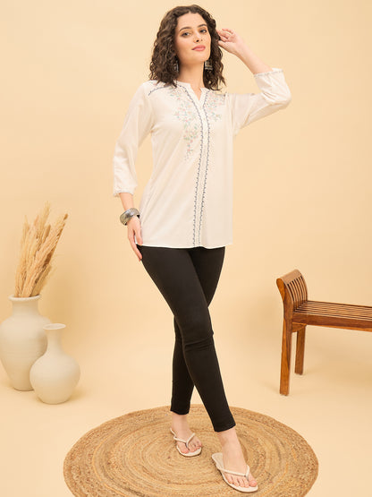 TP 1539 Floral Thread Embroidered Modal Top  Pearl White