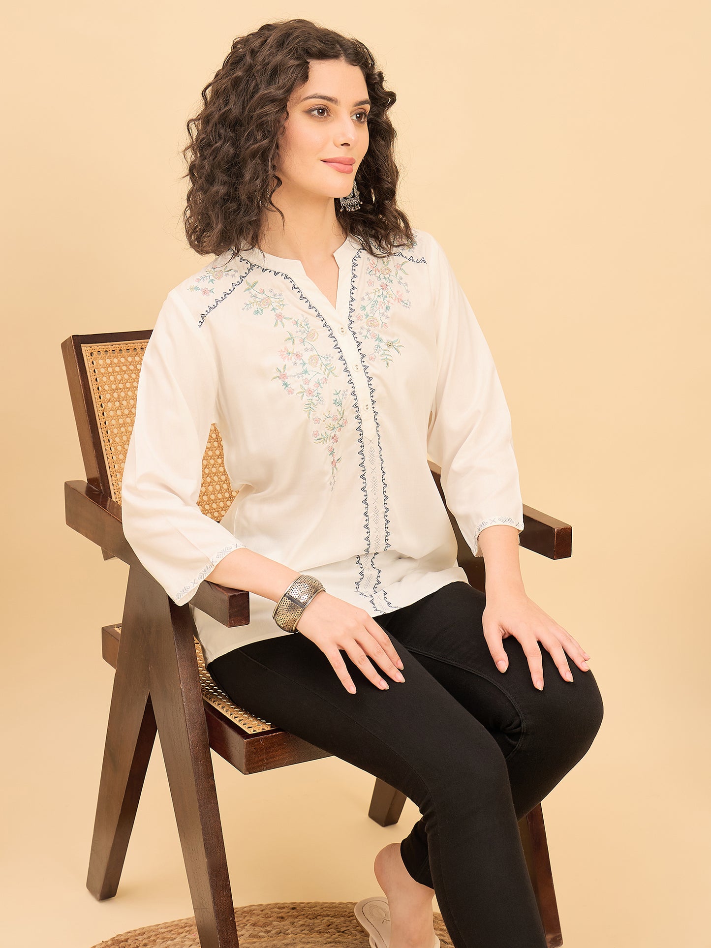 TP 1539 Floral Thread Embroidered Modal Top  Pearl White