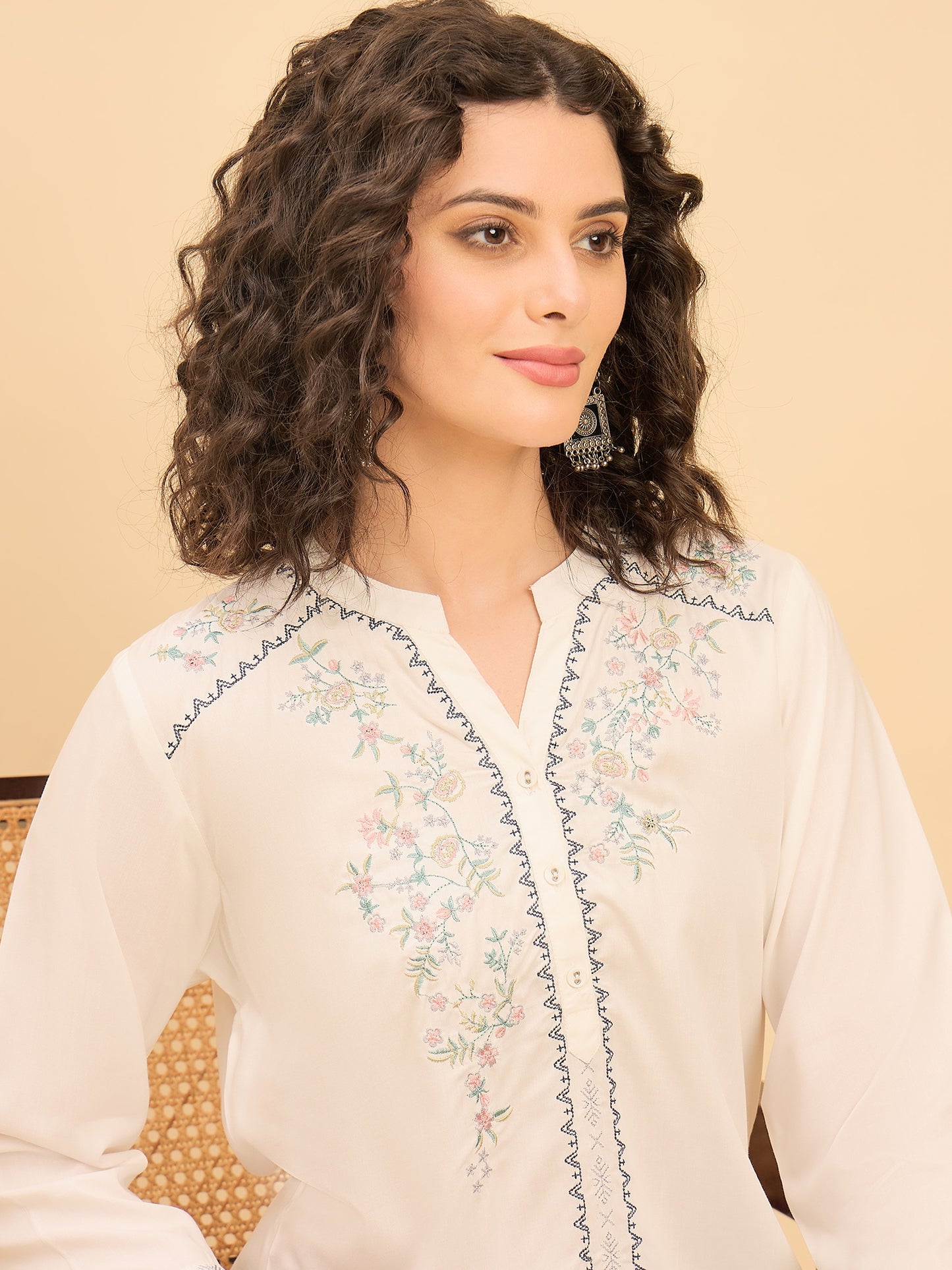 TP 1539 Floral Thread Embroidered Modal Top  Pearl White