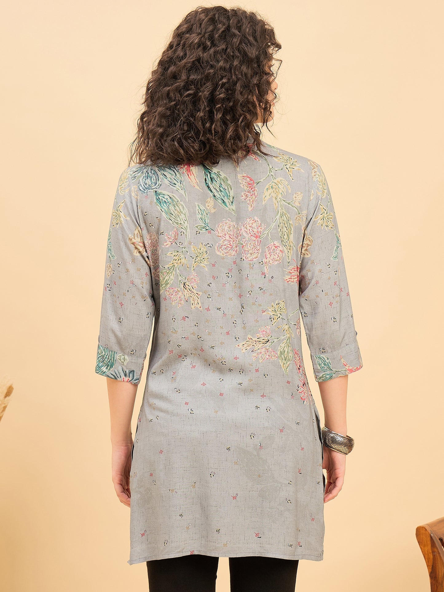 TC 1533 Printed Modal Tunic with Garden Bloom Hem  Ash Gray