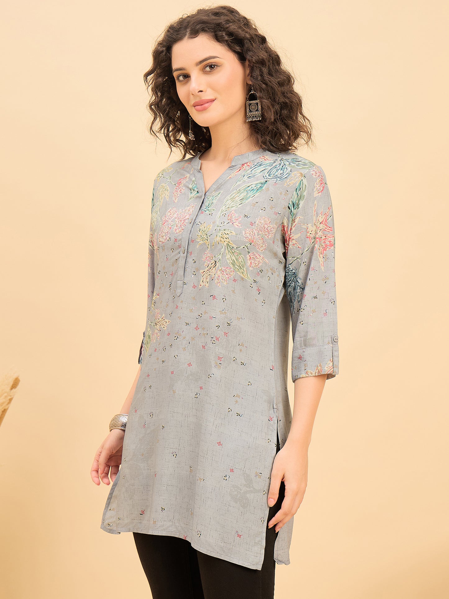 TC 1533 Printed Modal Tunic with Garden Bloom Hem  Ash Gray