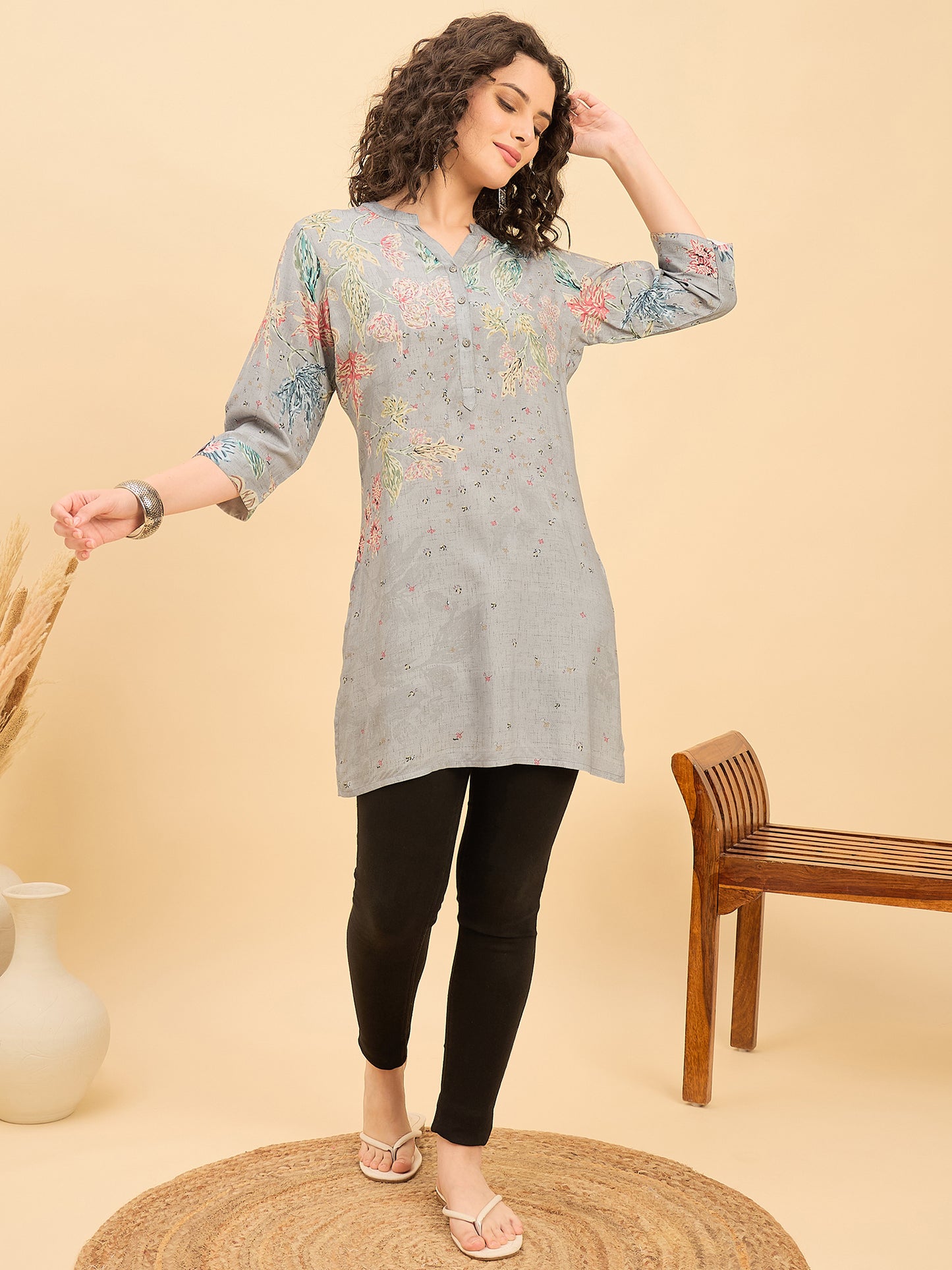 TC 1533 Printed Modal Tunic with Garden Bloom Hem  Ash Gray