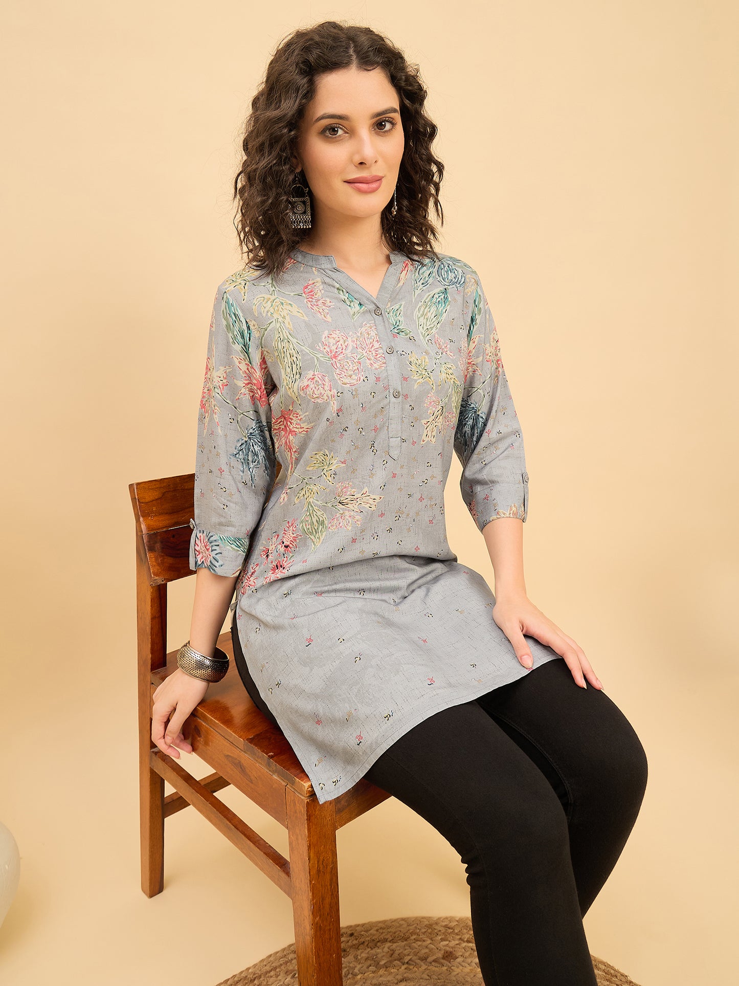 TC 1533 Printed Modal Tunic with Garden Bloom Hem  Ash Gray