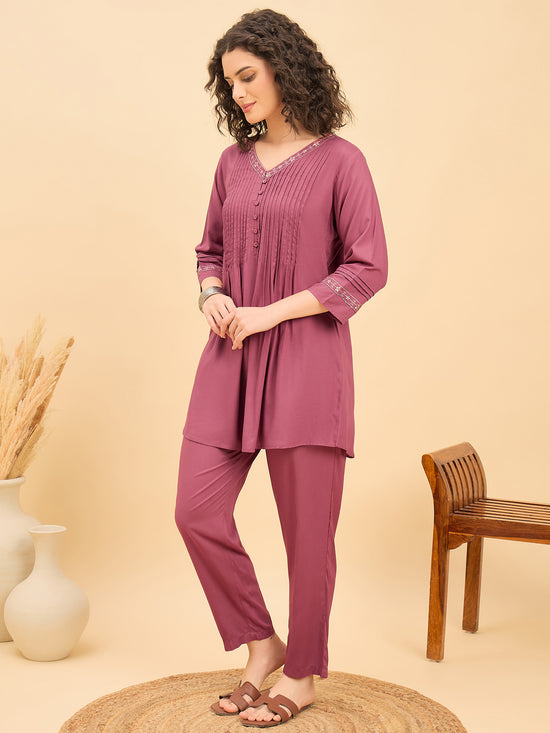 CS-1455 Embroidered Pintuck Essence Co ord Set Brick Bloom