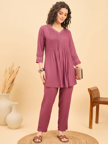 CS-1455 Embroidered Pintuck Essence Co ord Set Brick Bloom