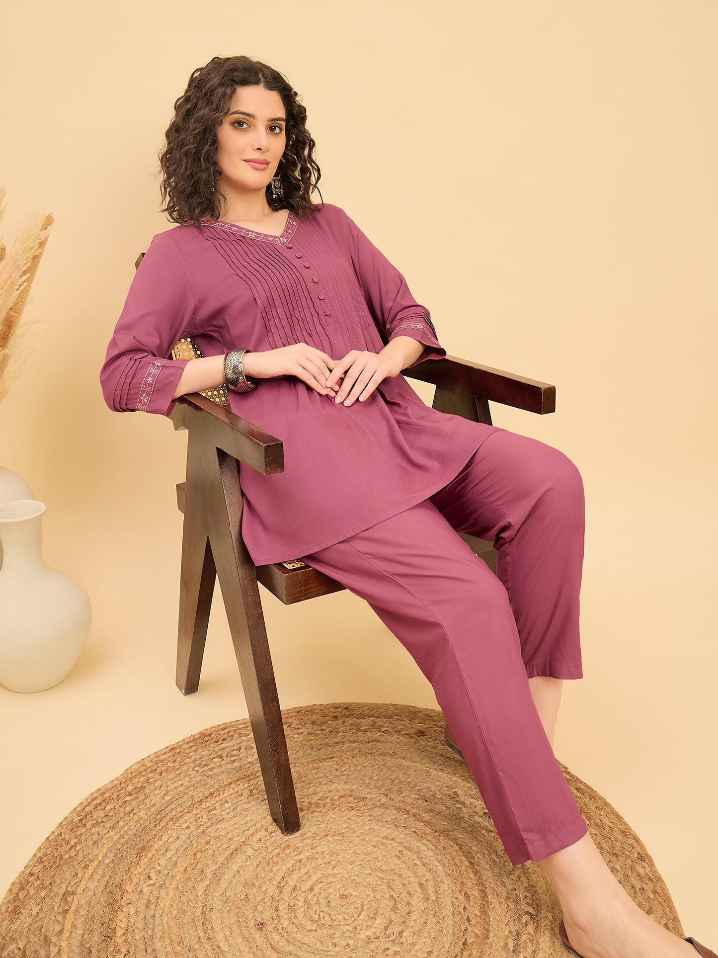 CS-1455 Embroidered Pintuck Essence Co ord Set Brick Bloom