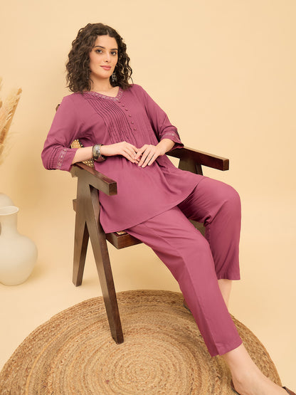 CS-1455 Embroidered Pintuck Essence Co ord Set Brick Bloom