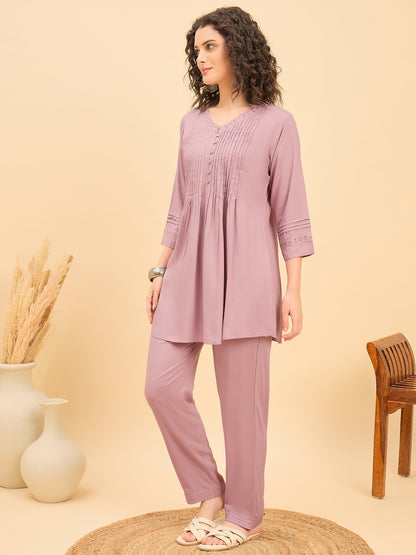 TC 1455 Pleated Floral Embroidered Modal Tunic Top  Lavender Bloom