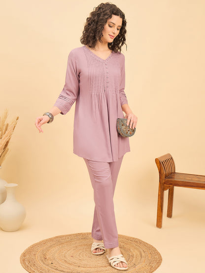 TC 1455 Pleated Floral Embroidered Modal Tunic Top  Lavender Bloom