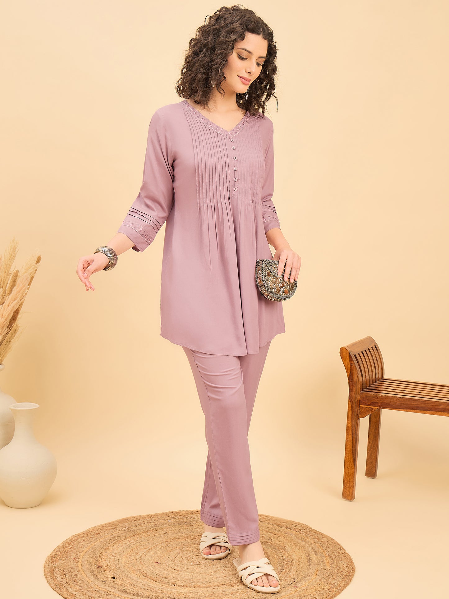 CS 1455 Embroidered Pintuck Essence Co ord Set Lavender Mist
