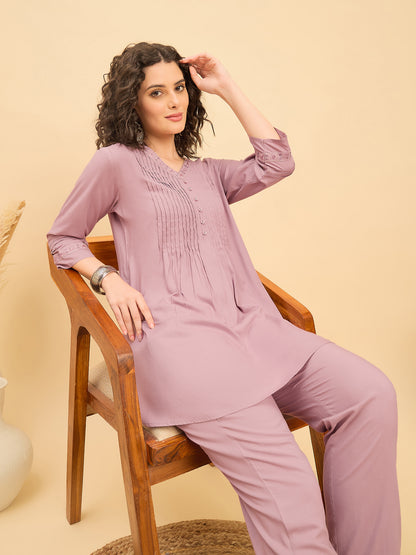 CS 1455 Embroidered Pintuck Essence Co ord Set Lavender Mist