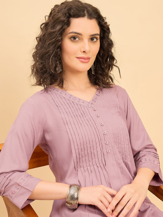 TC 1455 Pleated Floral Embroidered Modal Tunic Top  Lavender Bloom
