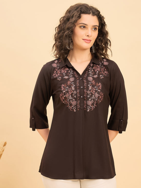 ST 1513 Nature Stitch Embroidered Modal Shirt Coffee Brown