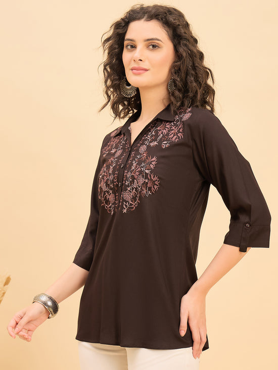 ST 1513 Nature Stitch Embroidered Modal Shirt Coffee Brown