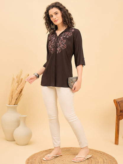 ST 1513 Nature Stitch Embroidered Modal Shirt Coffee Brown