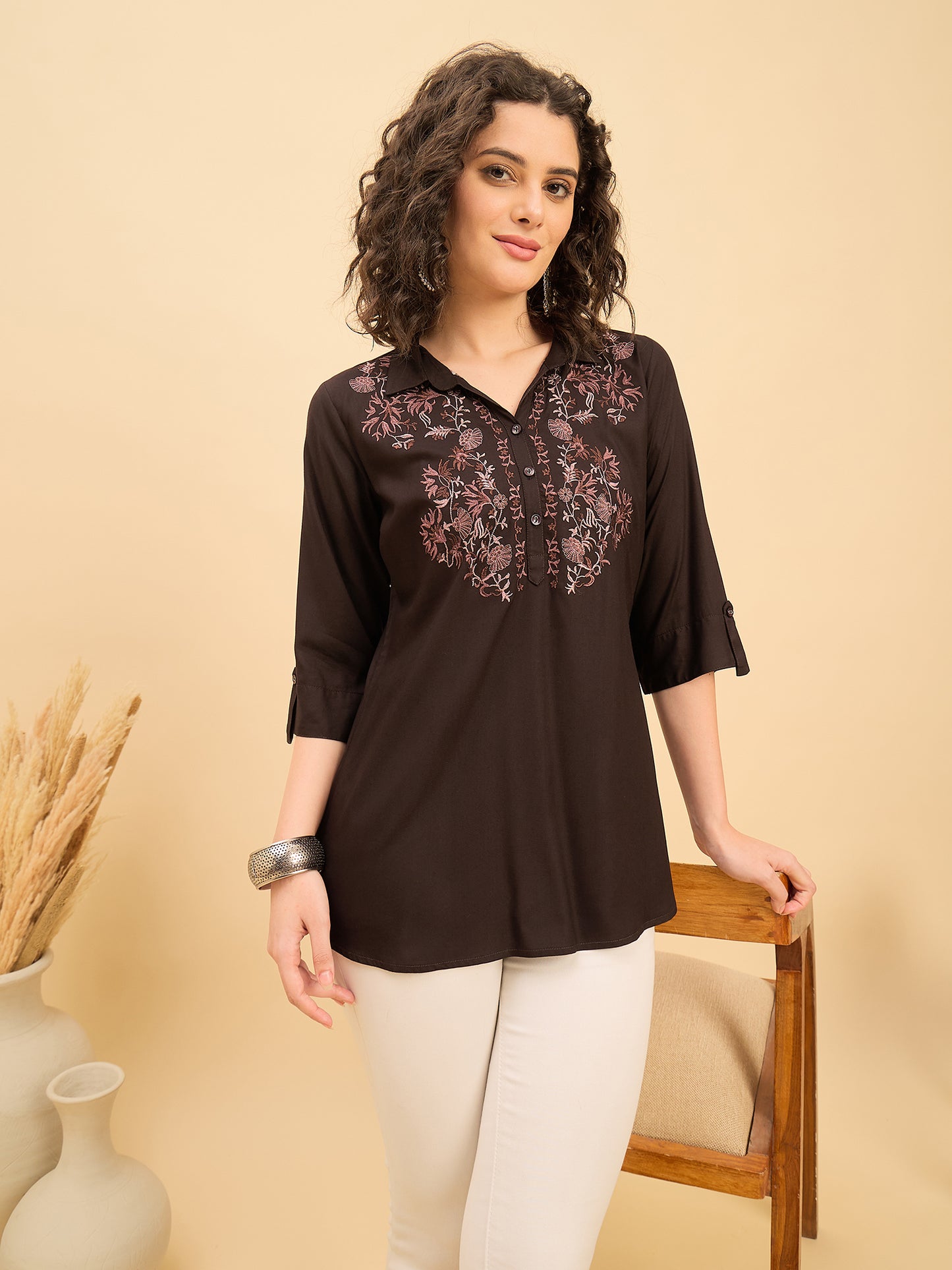 ST 1513 Nature Stitch Embroidered Modal Shirt Coffee Brown