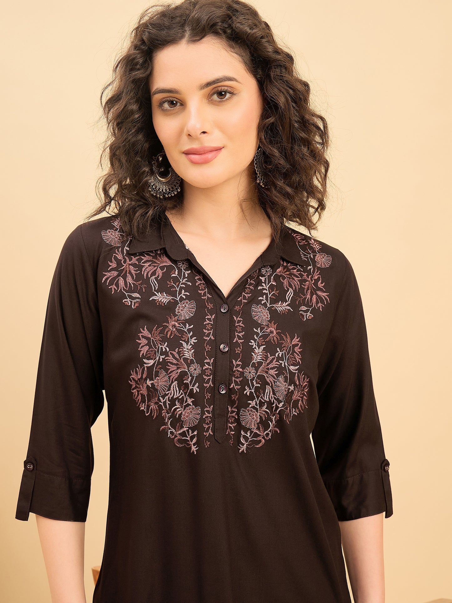 ST 1513 Nature Stitch Embroidered Modal Shirt Coffee Brown