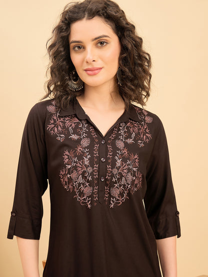 ST 1513 Nature Stitch Embroidered Modal Shirt Coffee Brown