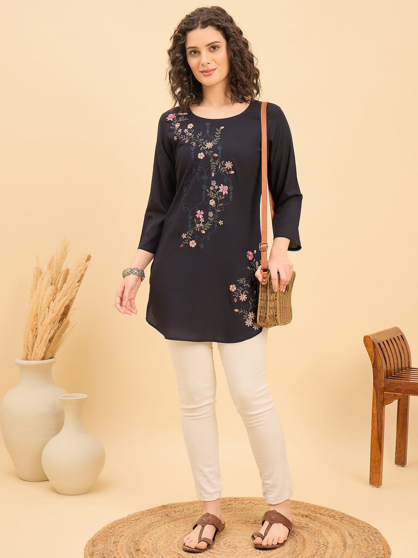 TC 1564 Embroidered Modal Tunic  Midnight Petal
